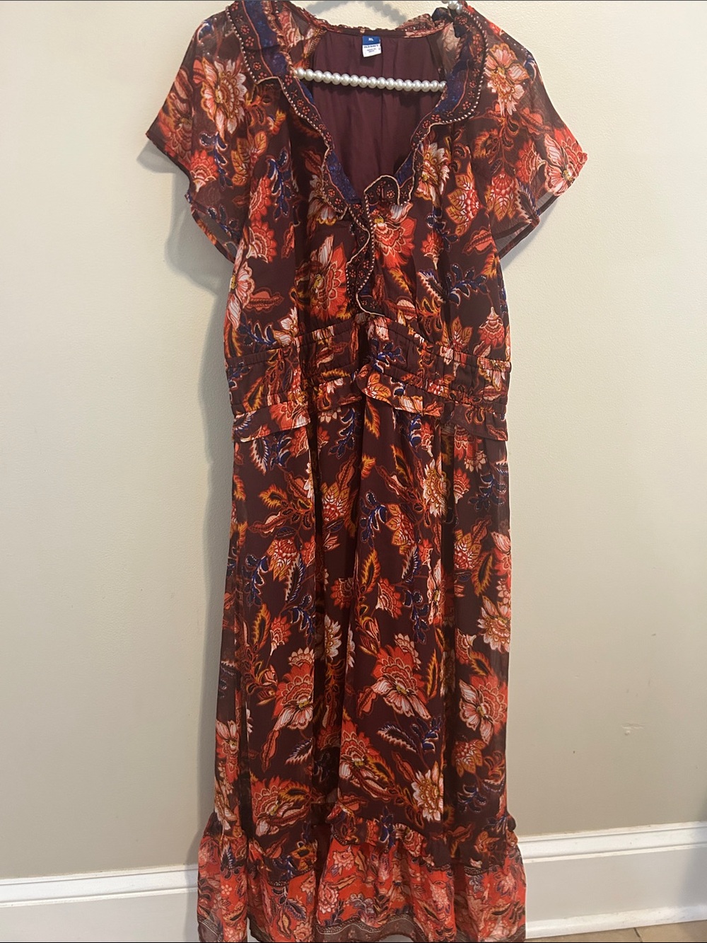 Old Navy Women XL Ruffle V-Neck Floral Dress Maroon Paisley Boho Chiffon Lined